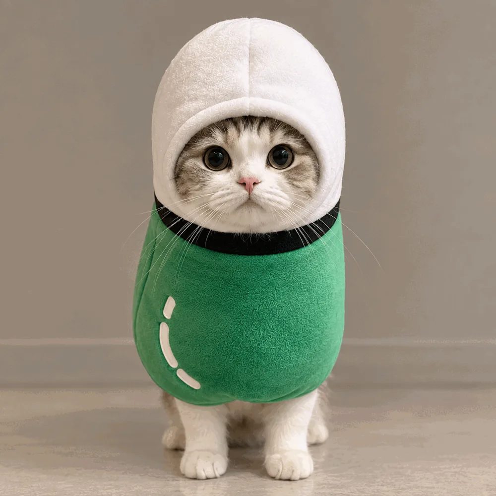A wide-eyed gray and white cat wearing a plush green and white capsule costume